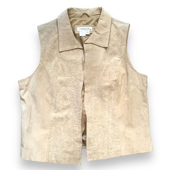 Vintage Coldwater Creek Vest Beige Floral Embossed Suede-Leather Open Front - Picture 1 of 9